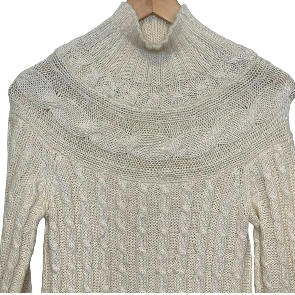 Garnet Hill Alpaca Blend Cream Mock Neck Cable Knit Pullover Sweater